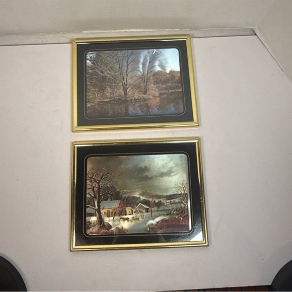 Other - Set 2 Blue Foil Etching Reflective Trees House Kids Farming,Hourse Art 3D Framed